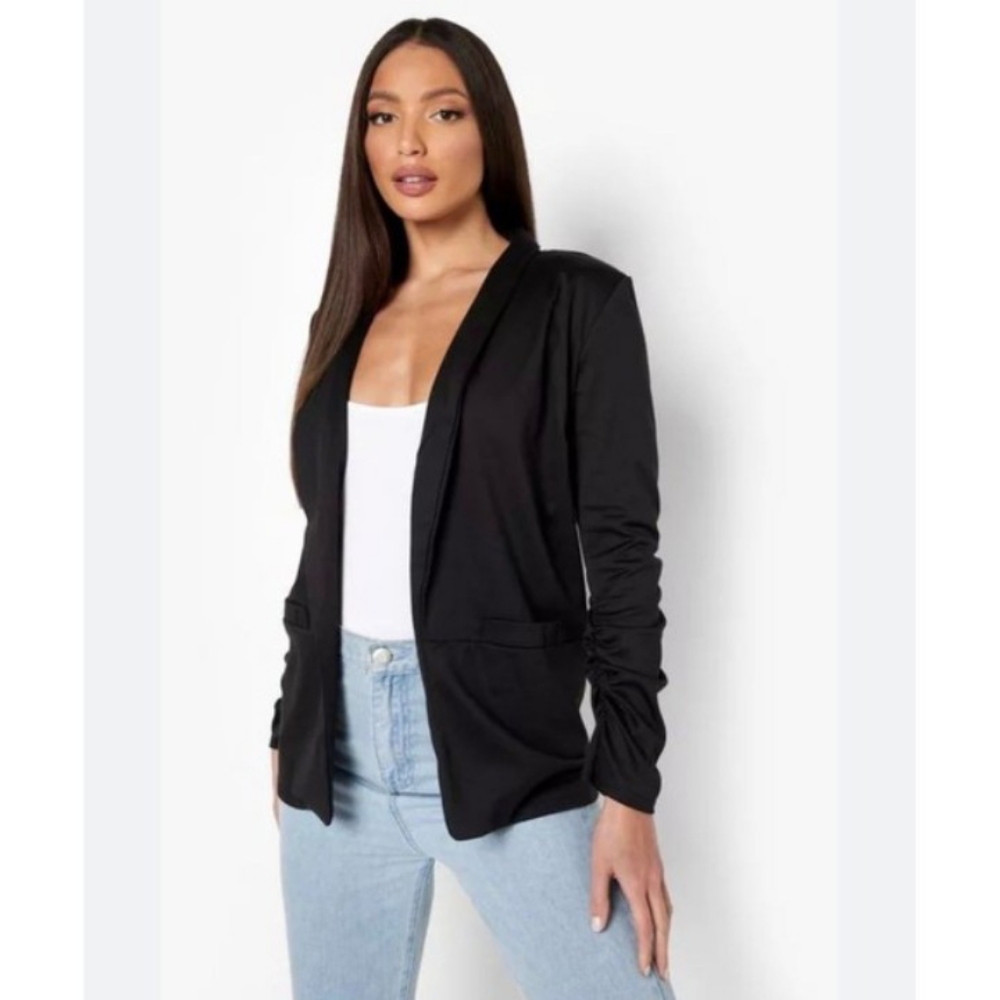 Boohoo Blazer Jacket Ruched Sleeve Open Front Collared Black Size 22